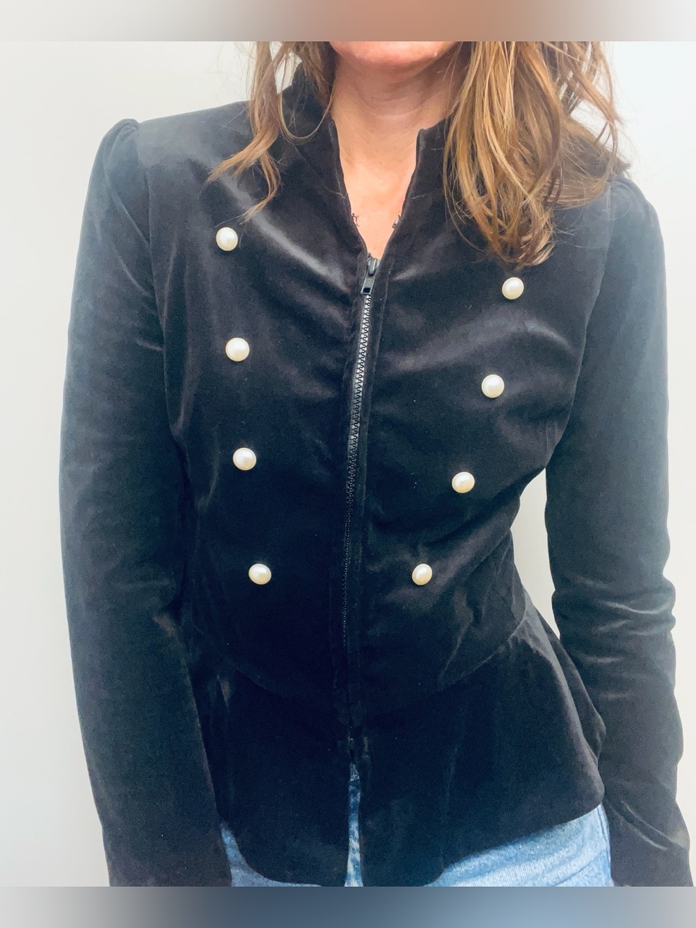Amaryllis Black Velvet Military Peplum Jacket – Pearl Button Detail – Size M